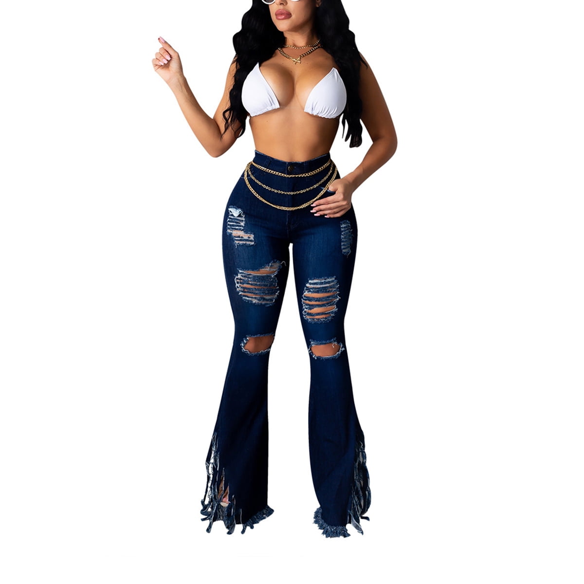 Goocheer Women's Bell Bottom Denim Jeans High Waist Ripped Hole Wide