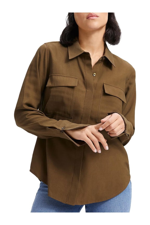 Womens Hi-Low Point-Collar Button-Down Top