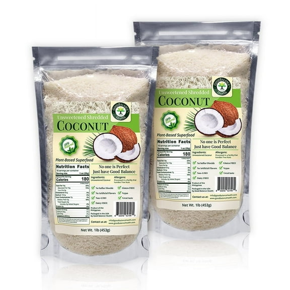 Good Balance Health Unsweetened Shredded Coconut, Desiccated Coconut Shreds, Dry Coconut Shredded, Coconut Flakes, No SO2, All Natural and Organic, Pure Coconut, 2 Resealable Bag, 32 ounces