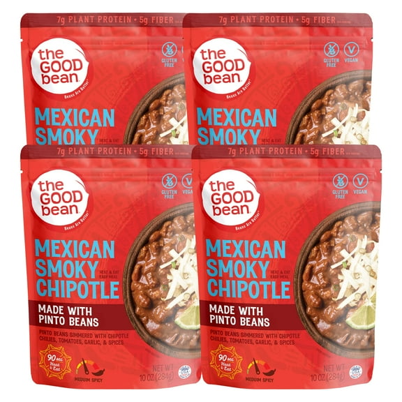 The Good Bean Heat and Eat KKS1Pouch - Mexican Smoky Chipotle - (4 Pack) 10 oz Pouch - Simmered Pinto Beans with Chipotle Chilies - Pre-Cooked Beans with Good Source of Plant Protein and Fiber