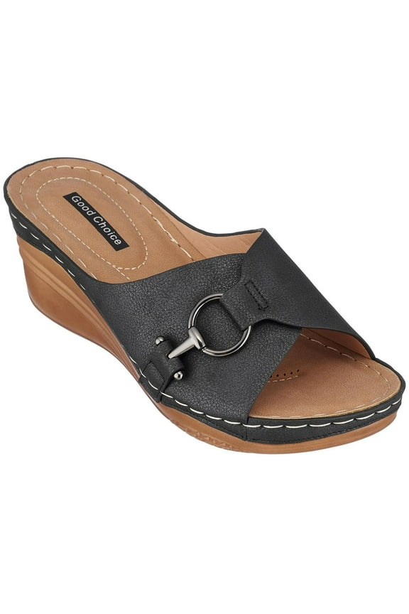 Womens Bay Faux Leather Slip On Wedge Sandals