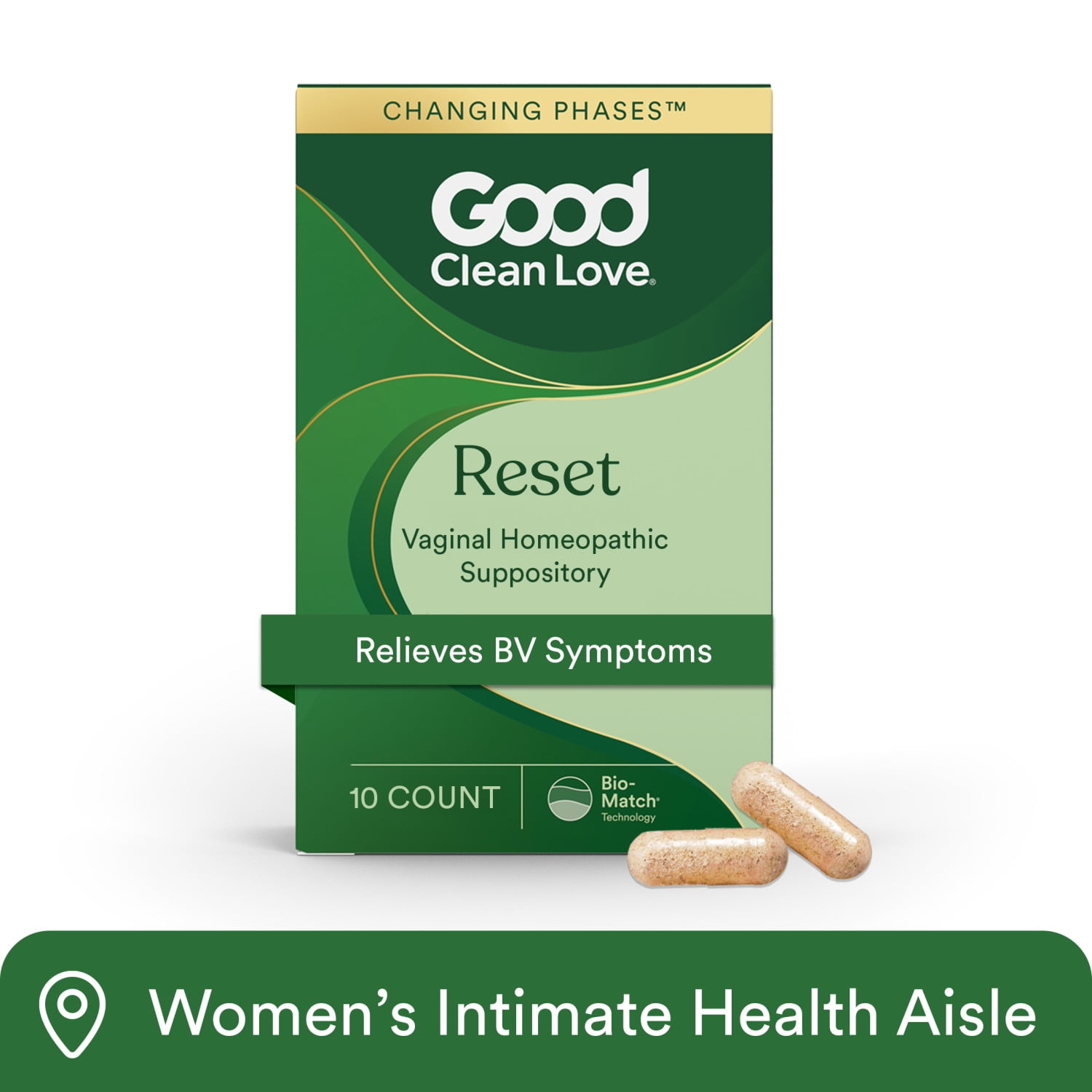 Good Clean Love Reset Vaginal Homeopathic Suppositories, BV Symptom Relief & pH Balance Support, 10 Count