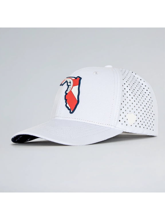 PERFORMANCE SNAPBACK HAT, Unique Signature Front Patch, Water-Repellent, Breathable & Floating | Florida Palm Tree | White