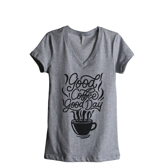 Good Coffee Good Day Women's Fashion Relaxed V-Neck T-Shirt Tee Heather Grey Large