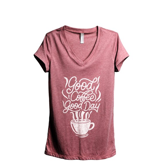 Good Coffee Good Day Women's Fashion Relaxed V-Neck T-Shirt Tee Heather Rouge Medium