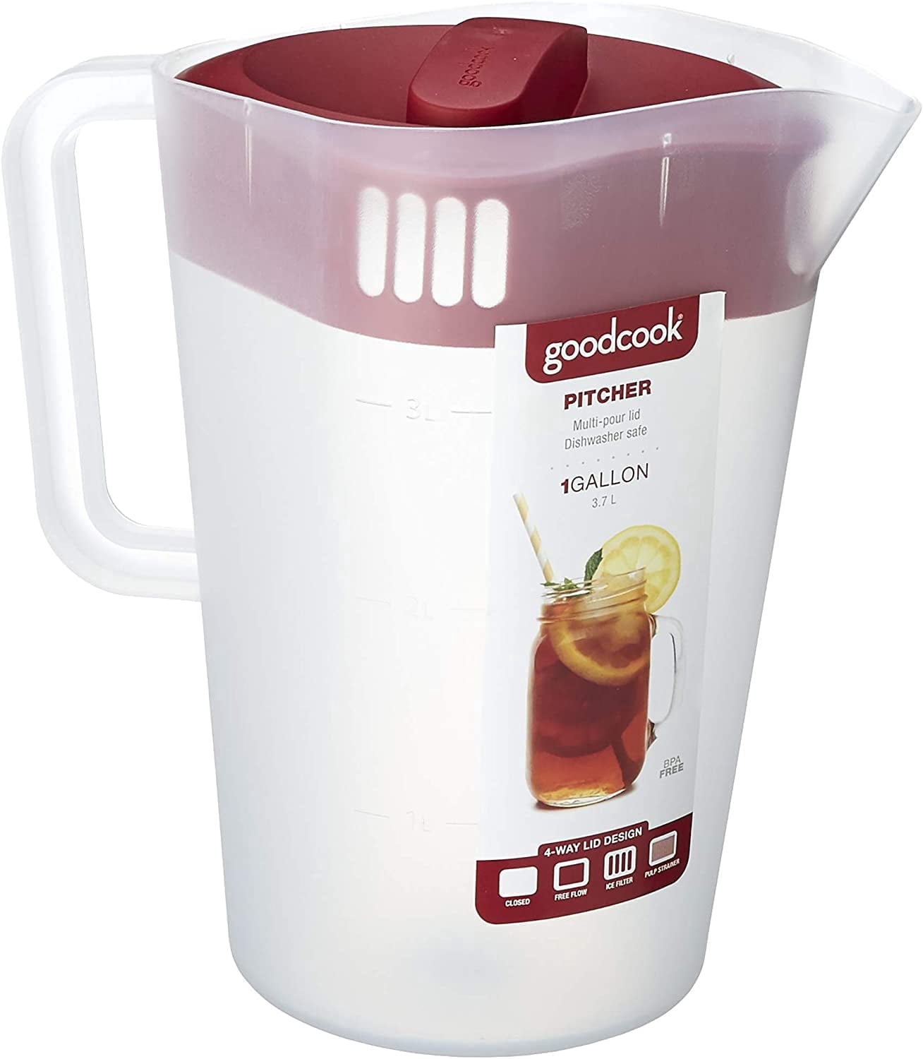 Goodcook 1 gallon plastic straining pitcher square lid with 3 strainers and close no spill, Dishwasher Safe, Clear and Red