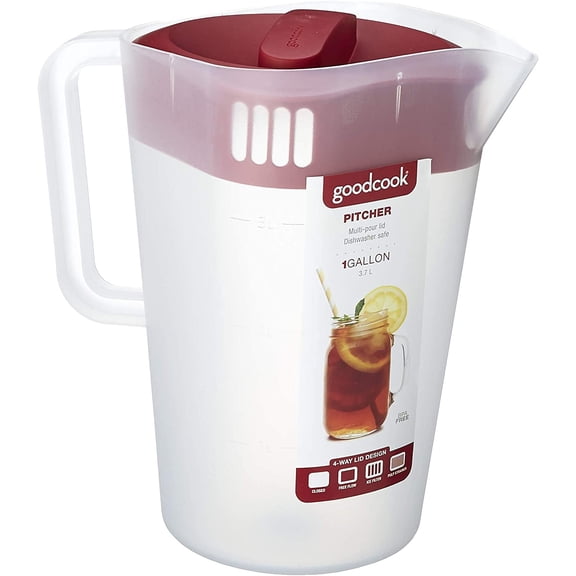 Goodcook 1 gallon plastic straining pitcher square lid with 3 strainers and close no spill, Dishwasher Safe, Clear and Red