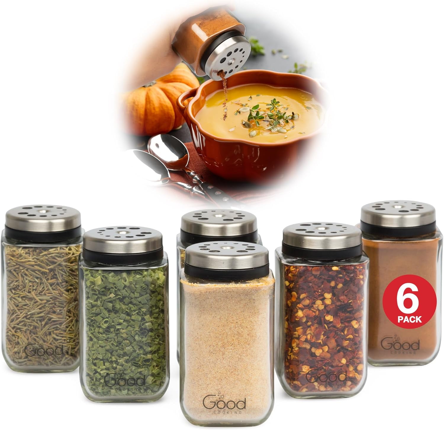 Good Cooking Adjustable Glass Spice Jars- Set of 6 Seasoning