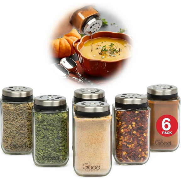 Good Cooking Adjustable Glass Spice Jars (Set of 6) with 6 Pouring Sizes- Stainless Steel Lid- Square Seasoning Bottle Containers for Kitchen Pantry Storage Organization- Fill Shaker w Salt Pepper