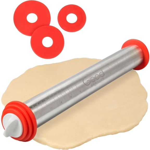 Good Cooking Adjustable XL Pastry Rolling Pin w/Thickness Rings- Stainless Steel French Dough Roller 17" Barrel- 3 Removable Pcs to Adjust Width- Durable & Non Stick Baking Cooking Tool