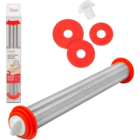 Good Cooking Adjustable XL Pastry Rolling Pin w/Thickness Rings- Stainless Steel French Dough Roller 17" Barrel- 3 Removable Pcs to Adjust Width- Durable & NonStick Baking Cooking Tool