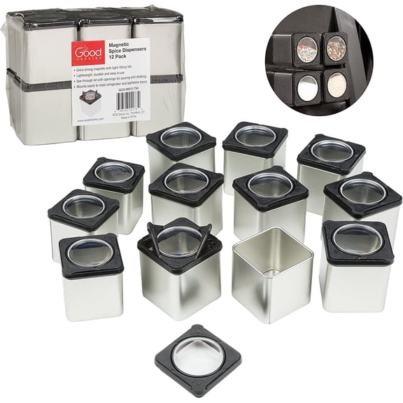 Good Cooking Magnetic Spice Jars Clear Metal Spice Food Storage Jars & Containers (12 Count)