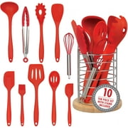 Good Cooking Silicone Kitchen Cooking Utensils w Bamboo Holder- 10 Pc Gourmet Non-Stick, Heat Resistant, Premium Kitchen Tools Set- Spatula, Spoon, Slotted Spoon, Tongs, Basting Brush, Whisk, Ladle