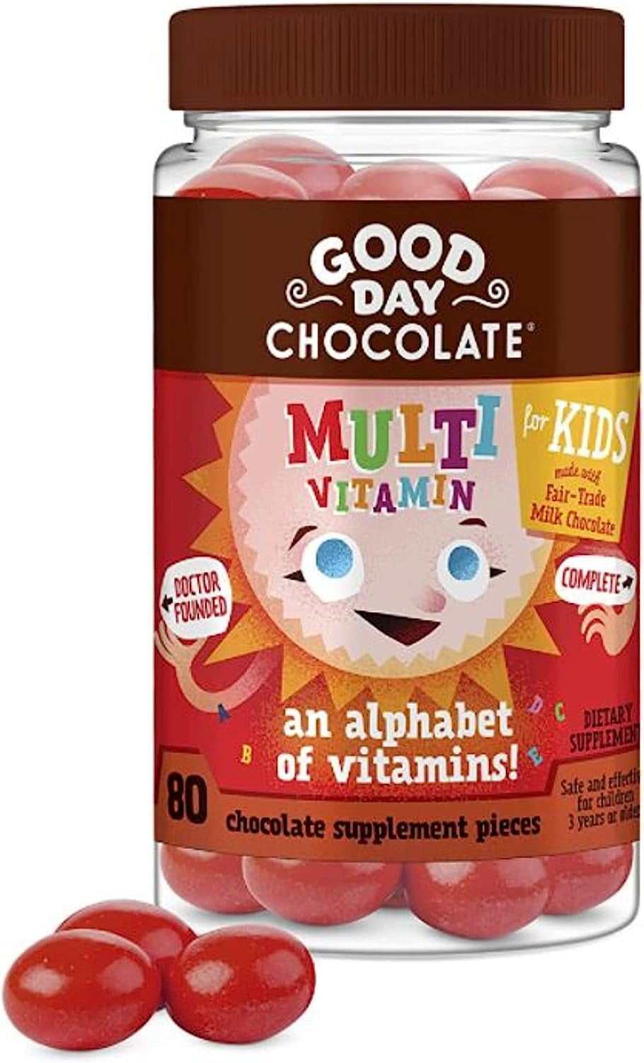 Good Day Chocolate Complete Multivitamin for Kids, Daily Supplement of Vitamins A, B6, B12, C, D, E, Folate and Biotin, 2g of Sugar, Fair Trade and Non-GMO Milk Chocolate, 80 Pieces