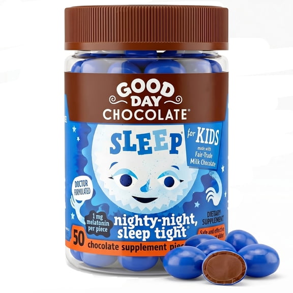 Good Day Chocolate Kids Sleep Aid, Melatonin 1mg Chamomile, Milk Chocolate | 50 Count | Non-GMO, Fair Trade, Doctor-Founded