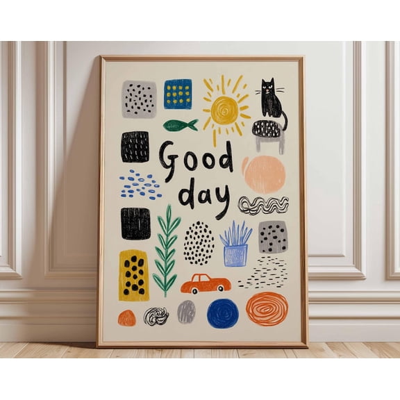 Good Day Colorful Abstract Cat And Sun Wall Art Print, Unframed Paper Poster 8x10in