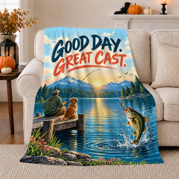Good Day Great Cast Sunrise Bass Fishing Lakeside, Festive Pet Portrait Pattern, Warm Flannel Blanket for Cabin and Lodge, Dog Lovers person's Day Gift, Pet Lover Home Decor