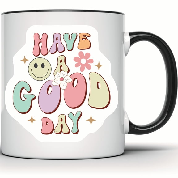 Have a Good Day Smiley Face Mug - Trendy Retro Flower Design - Cute Positive Vibes Gift for Her or Him - 11 Ounce Black Rim Handle Novelty Coffee Cup - WMUG0620-Black Rim