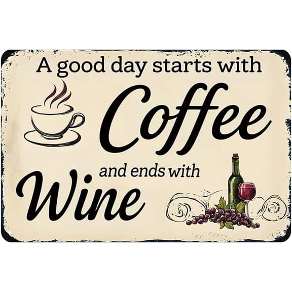 A Good Day Starts With Coffee And Ends With Wine Metal Tin Sign Vintage Kitchen Wall Decor Retro Rustic Hanging Plaque Wall Art Decorations Home Man Cave Gift 8 X 12 Inch
