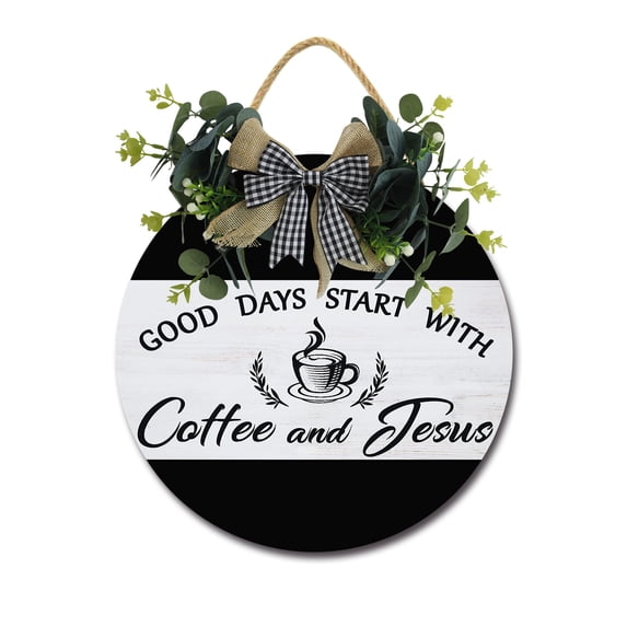 Good Days Start With Coffee And Jesus Sign Farmhouse Wood Sign Front Porch Decor Rustic Wooden Sign Wall Decor Hanging Wooden Decorations with Bow-Knot for Home Porch Wall Door, 11 x 11 inch