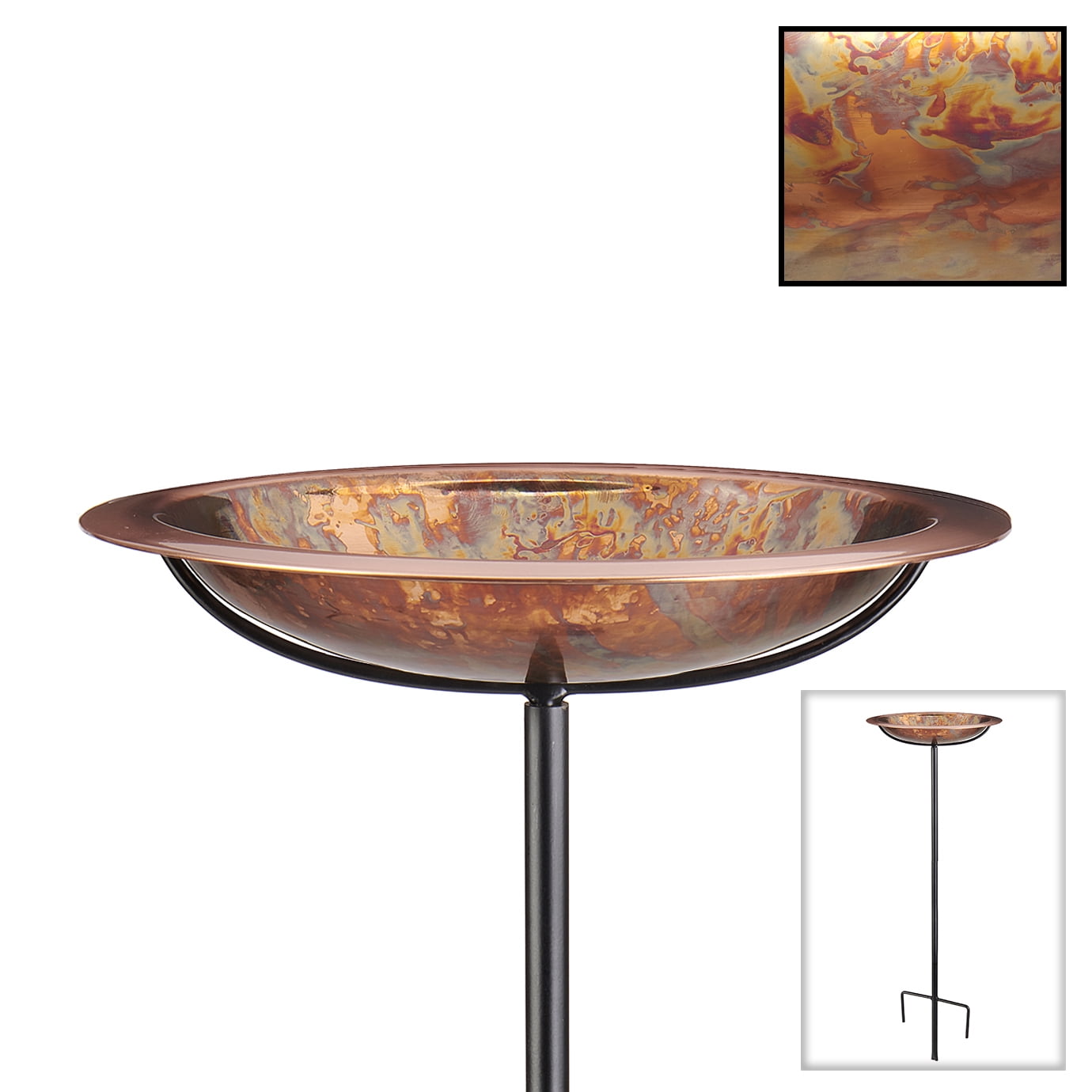 Hand-Applied Fired Copper Bird Bath with Garden Pole