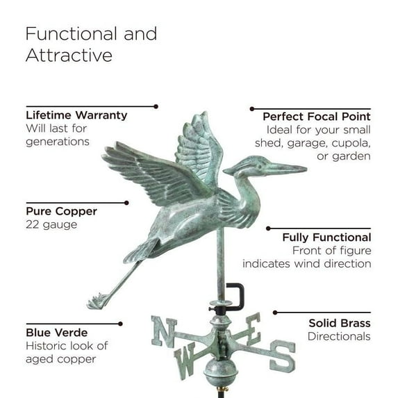 Good Directions Blue Heron Garden Weathervane, Blue Verde Copper - 17.5"L