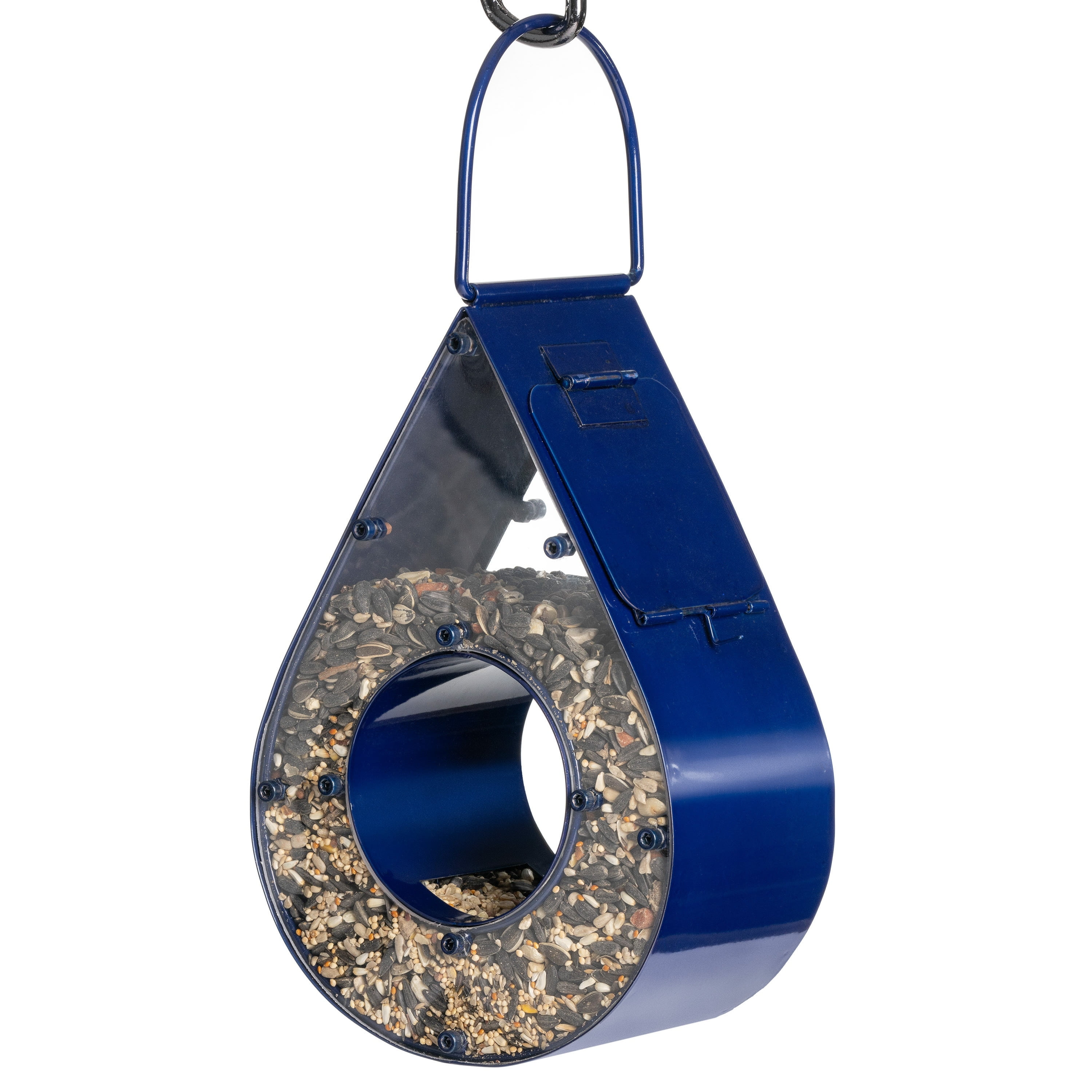 Blue Metal Hanging Raindrop Bird Feeder with Plexiglass