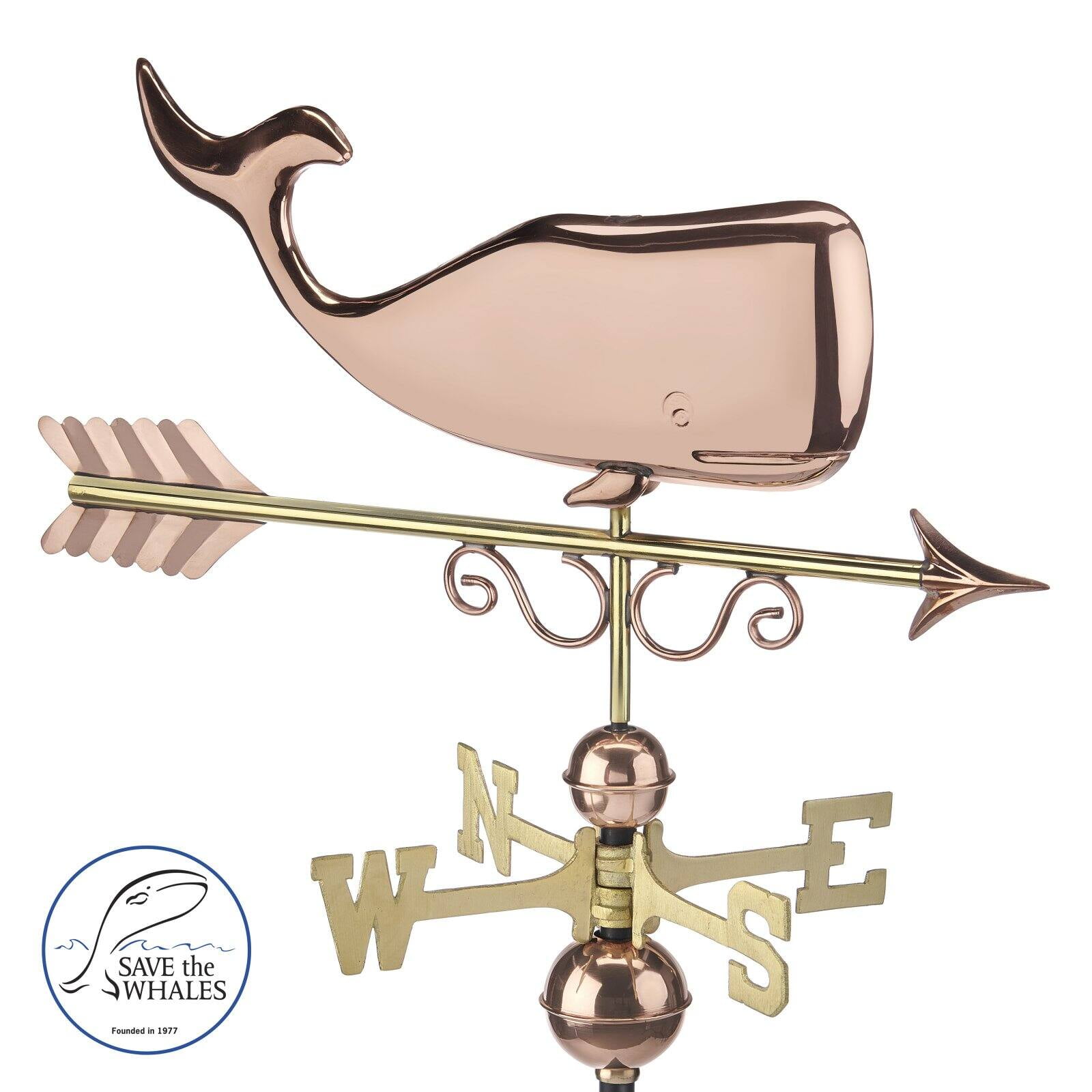 Circa 1860 Pure Copper Whale Weathervane with Brass Directionals