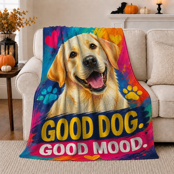 Good Dog Good Mood Pop Art Golden Retriever, Playful Pet Portrait Pattern, Warm Flannel Blanket for Living Room and Bedroom, Dog Lovers Just Because Gift, Pet Lover Home Decor