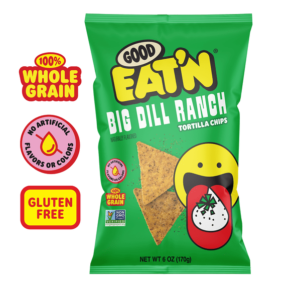 Good Eat'n Big Dill Ranch Tortilla Chips, Non-GMO Corn Snack, Gluten-Free, Vegan, 6oz