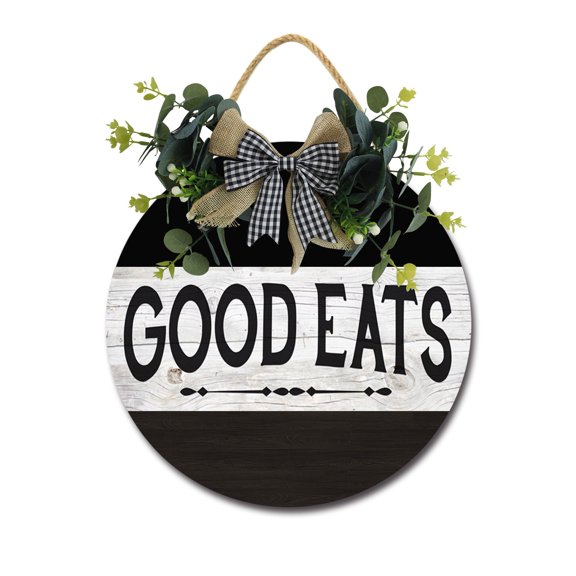 Good Eats Sign Front Door Porch Decorations, Round Rustic Wood Hanging Sign for Farmhouse Porch Outdoor Home Holiday Front Door Sign Decor