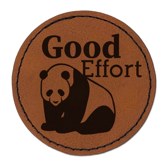 Good Effort Panda Compliment Animal Round Iron-On Engraved Faux Leather Patch Applique - 2.5 Inch - Brown