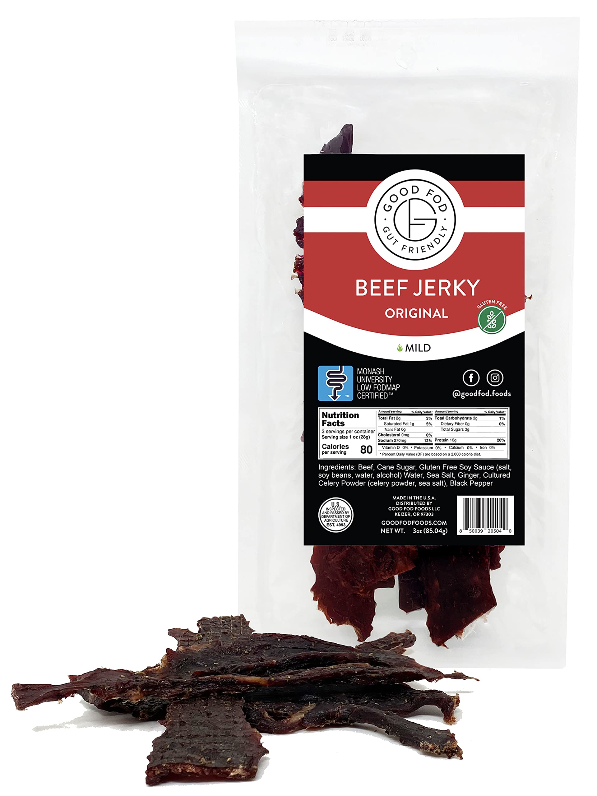 Good Fod Foods Beef OIF8 Jerky 3 Ounce Monash Low FODMAP Certified