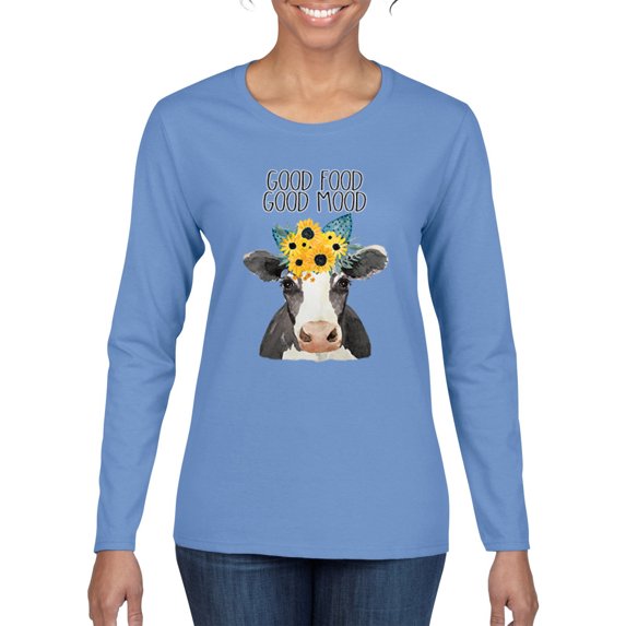Good Food Good Mood Funny Cute Cow Animal Lover Womens Graphic Long Sleeve T-Shirt, Light Blue, 2XL