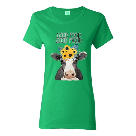 Good Food Good Mood Funny Cute Cow Animal Lover Womens Graphic T-Shirt, Kelly, 2XL