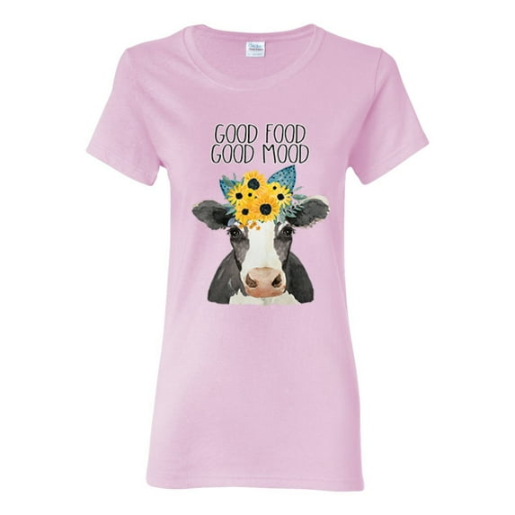 Good Food Good Mood Funny Cute Cow Animal Lover Womens Graphic T-Shirt, Light Pink, X-Large