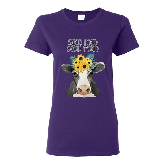 Good Food Good Mood Funny Cute Cow Animal Lover Womens Graphic T-Shirt, Purple, Large