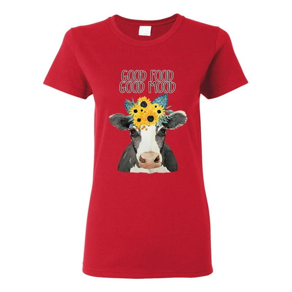 Good Food Good Mood Funny Cute Cow Animal Lover Womens Graphic T-Shirt, Red, 3XL