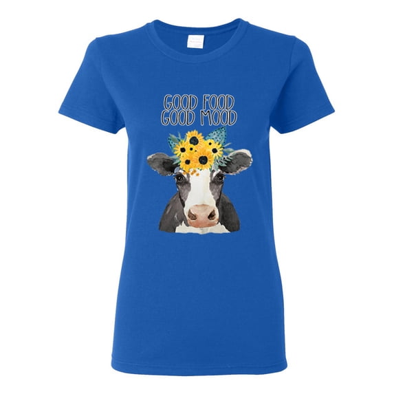 Good Food Good Mood Funny Cute Cow Animal Lover Womens Graphic T-Shirt, Royal, X-Large