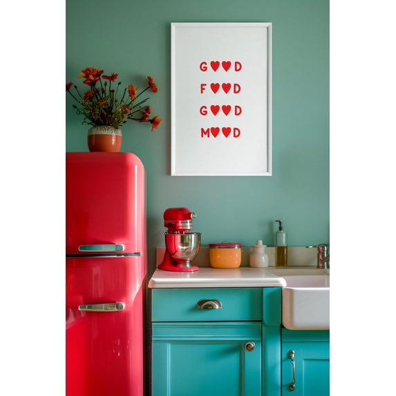 Good Food Mood Minimalist Red Heart Typography Wall Art Modern Kitchen Dining Room Decor Love Quote Artwork Design1 Poster, Unframed Size 16x24