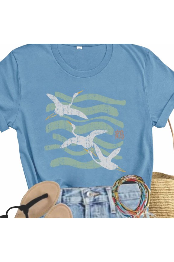 Good Fortune Crane Graphic Tee Zen Bird Print Shirt