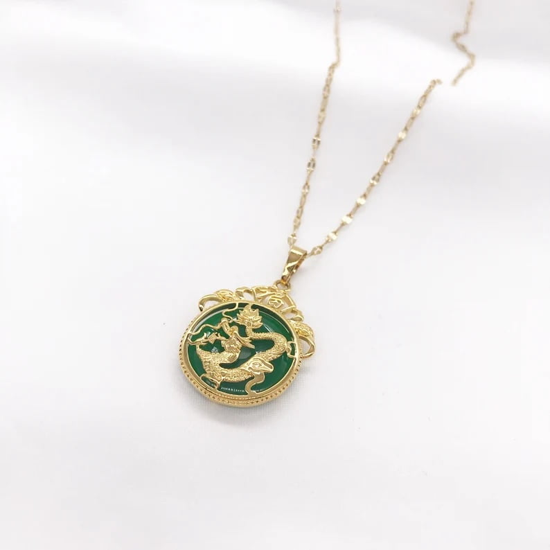 Dragon Pendant Good Fortune Jade Necklace Good Fortune Gold Plated