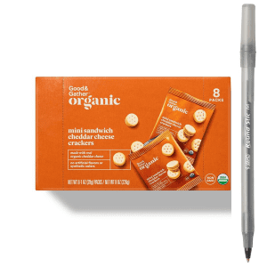 Good & Gather Organic Cheddar Cheese Mini Sandwich Crackers with pen