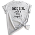 thumbnail image 1 of Good Girl With A Hood Playlist T-shirt, Unisex Women's Shirt, Hood Shirt, Music Shirt, Heather Ash, Large, 1 of 6