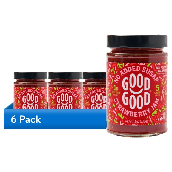(6 pack) GOOD GOOD Strawberry Jam, No Added Sugar, Low-Calorie, Vegan, 12 oz Jar