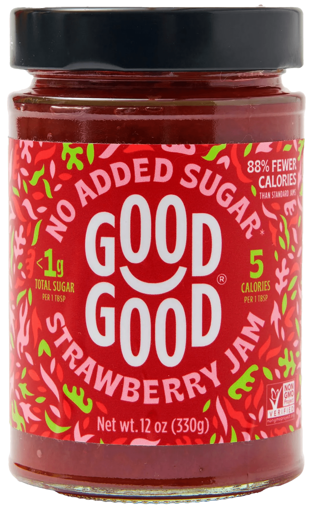 GOOD GOOD Strawberry Jam, No Added Sugar, Low-Calorie, Vegan, 12 oz Jar