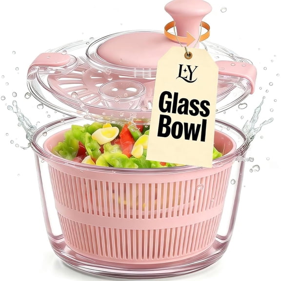 Good Grips Large 5.2 Qt Glass Salad Spinner Vegetable Dryer with Drain Dishwasher Safe Transparent Lid Crank Handle Quick Spin Greens Washer for Lettuce Herbs Fruits Pink