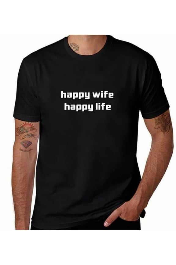Good Guy Vibes! Daily Versatile | Men's Basic White T - Shirt with “happy wife happy life” Fun Print. S - 5XL.