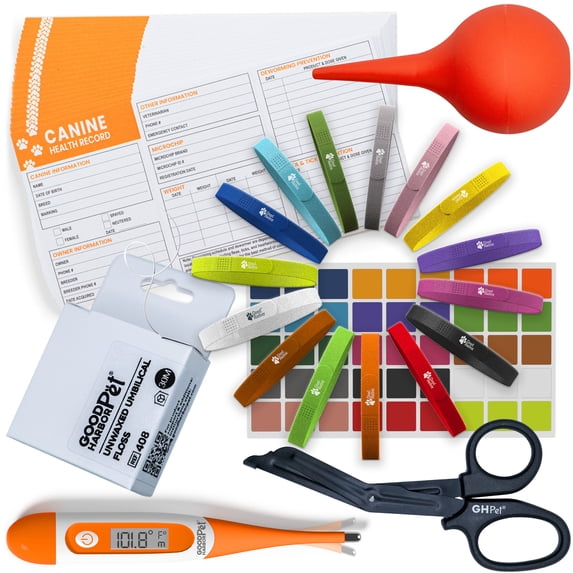 Good Harbor Pet® Puppy Whelping Essentials Kit for Newborn Dogs | Vaccination Record Cards, Thermometer, Umbilical Floss, and Supplies for Pets