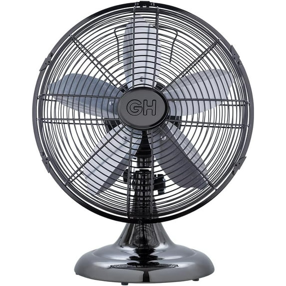 Good Housekeeping Retro 12" All-Metal Table Fan (92612) with 3 Speed Settings, Wide Oscillation, and Carrying Handle in Midnight Chrome